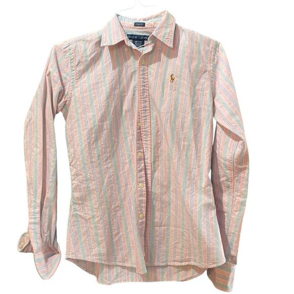Ralph Lauren pink blue mint Striped Long Sleeves Button Down Shirt Size 4 - Picture 2 of 5